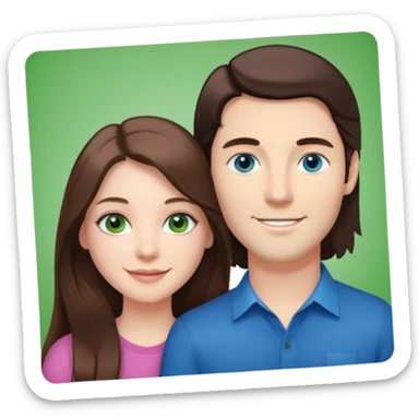 “A pink Polaroid-style photo of a couple: a white woman with long brunette hair and blue eyes, and a white man with short brunette hair and green eyes.” sticker