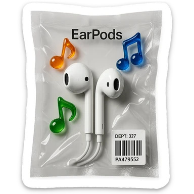 white EarPods headphones surrounded by exactly three small colorful glass music notes, glossy and puffy sticker