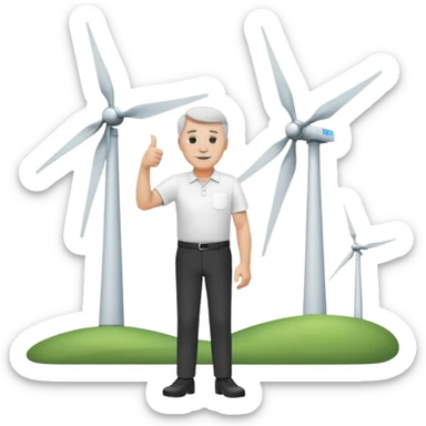 an older white man with grey hair and a white shirt and black pants doing a thumbs up pose, standing next to a silver wind turbine sticker