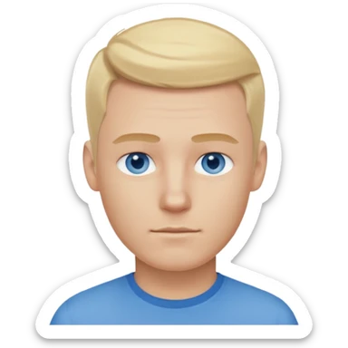 man with mustache, white man, blue eyes, blonde hair with shaved sides, wearing blue shirt sticker