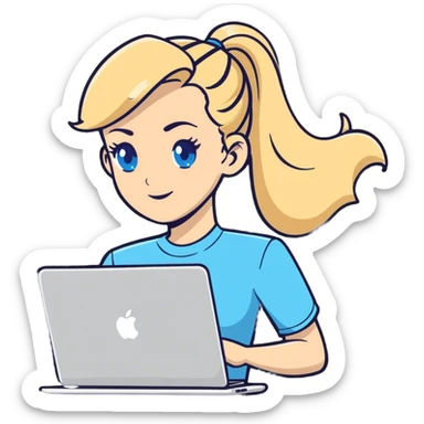 Blonde woman ponytail blue eyes with MacBook sticker