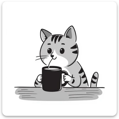A gray striped cat sitting at a table drinking water from a mug without a visible water stream sticker