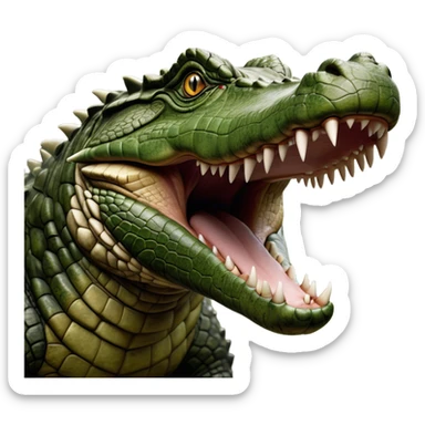 Cinematic Realistic Noble Crocodile Portrait Emoji, Poised and formidable, with a massive, muscular build and a rugged, intricately textured scaly hide in deep olive-green with natural camouflaged patterns, a powerful, fearsome jaw and piercing, ancient eyes rendered in lifelike detail, high shine, intelligent and imposing, styled with an air of primal authority, focused and attentive, soft glowing outline, capturing the essence of a watchful and confident crocodile that appears ready to surge out of the screen with effortless power! sticker