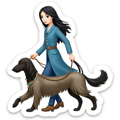 A girl with long black hair walking an Afghan hound sticker
