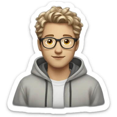 young white guy with medium wavy hair and a fade in light brown color and rounded silver glasses with a grey hoodie on sticker
