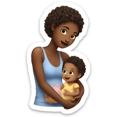 a short girl playing with a baby sticker