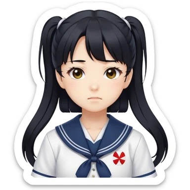 Serious anime girl with long black hair in high ponytail wearing Japanese sailor style school uniform, stern expression, kawaii style sticker