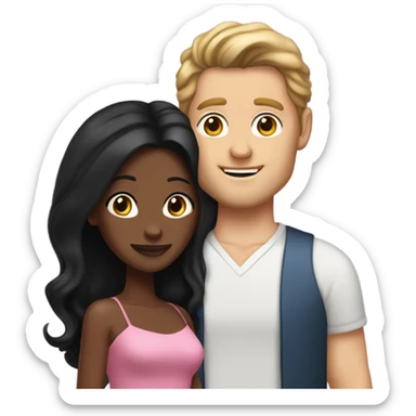 A handsome white man who has long brown hair and tanned skin with a pretty black woman who has long black hair and she is wearing a pink dress and they are a couple sticker