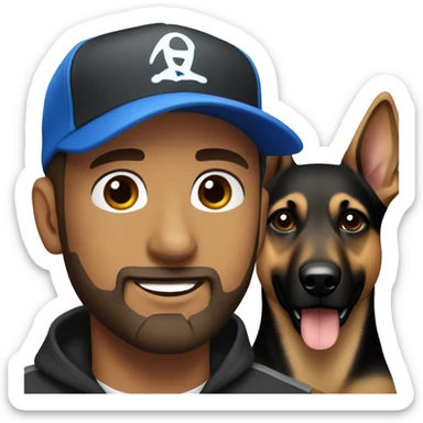 white male with blue eyes, a black beard and a baseball hat alongside a black and brown german shepherd  sticker