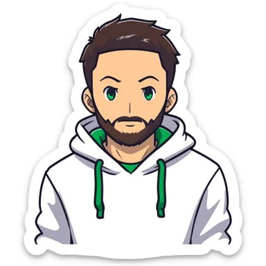anime style man with short full beard, dark brown undercut hairstyle, white hoodie, and green eyes sticker