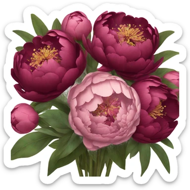 Big bouquet of burgundy peonies with a bow sticker