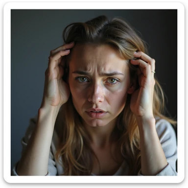 woman with hands in hair, stressed and nervous expression, hyperrealism 4K, variation 6 sticker