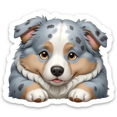 Cinematic Meme-Worthy Chubby Sleeping Blue Merle Australian Shepherd Portrait Emoji, Head resting peacefully with a contented smile, showcasing a delightfully chubby build and a luxuriously soft blue merle coat with striking white accents, eyes shut in a serene nap, Simplified yet hilariously adorable features, highly detailed, glowing with a soft, drowsy light, high shine, relaxed and utterly lovable, stylized with an air of playful laziness, bright and heartwarming, soft glowing outline, capturing the essence of a comically sleepy Blue Merle Australian Shepherd, so meme-worthy it feels like it could instantly become the next viral sensation of adorable slumber! sticker