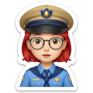 scout girl baby with uniform including the hat,  little with glassess and red hair sticker