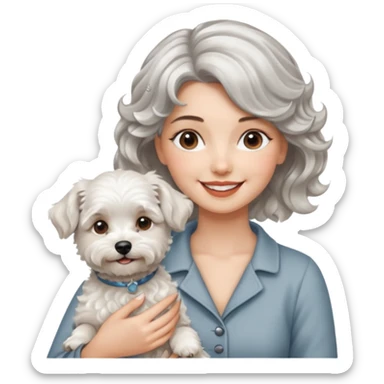 silver, short, wavy-haired with loose curls, smiling pretty lady holding westie dog and lhasa apso dog sticker