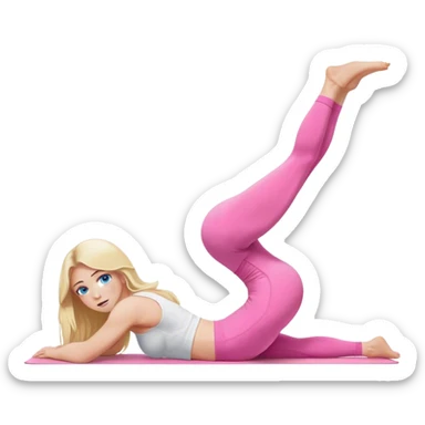 A cinematically realistic blonde with long hair and blue eyes, dressed in a white top and pink leggings, does a glute bridge exercise sticker