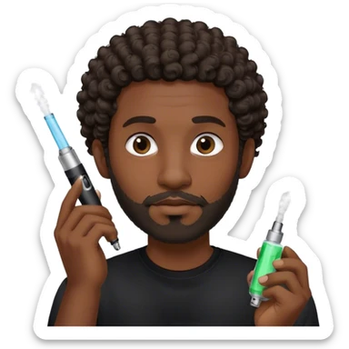 dark black guy, short curly hair, facial hair, holding vape, black shirt  sticker