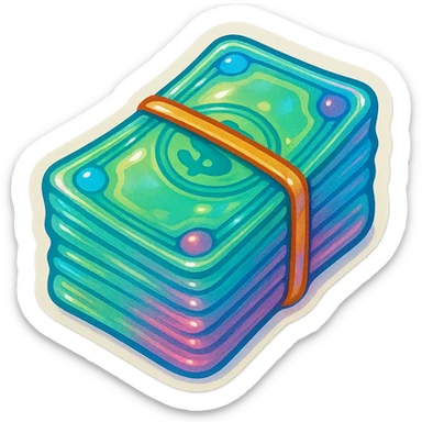 hyper-detailed retro 90's toy style stack of cash held together with a rubber band, very transparent soft plastic, soft reflections, soft and squishy, some cloudiness, not shiny, highly detailed, appealing, hyper-realistic, soft plastic, semi-transparent, colorful, matching the style and material of transparent toy fish and ocean creatures sticker