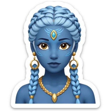 Draw a Na’vi female with glowing blue skin, white forehead markings, braided hair, gold earrings & a calm gaze. sticker