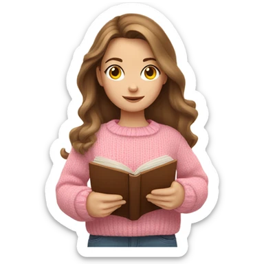 Pretty white girl with pink sweater reading cozy with brown hair  sticker