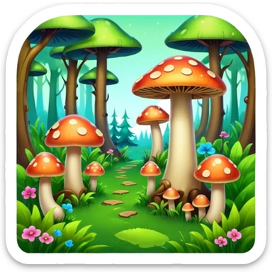 A stylized fantasy forest with glowing mushrooms and colorful tree sticker