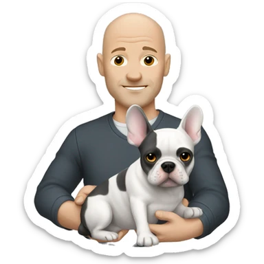 Bald man holding dark grey french bulldog  sticker
