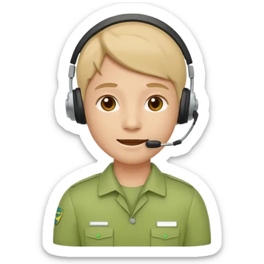A modern flat emoji depicting a call center employee wearing a light green uniform and headset, with a friendly expression, a minimalist design, bright colors, and a white or transparent background. sticker