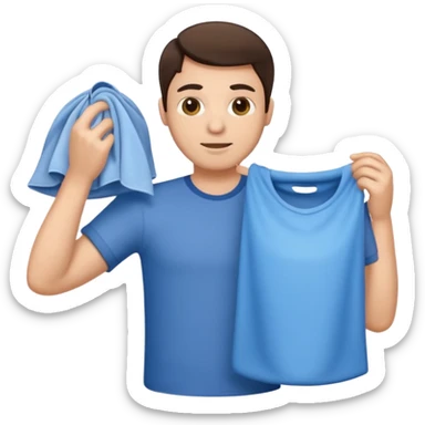 brunette man holding laundry sticker