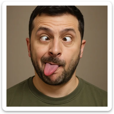 Vladimir Zelensky, photorealistic, emoji style, making a playful silly face sticker