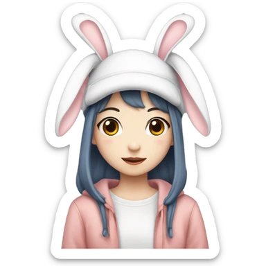 Girl from kpop group new jeans in cute outfit with bunny ear hat sticker