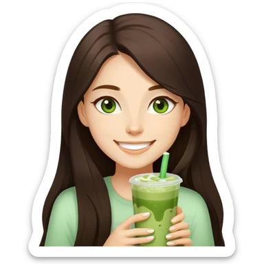 Girl with dark brown long hair and green eyes drinking iced matcha latte. She’s happy  sticker