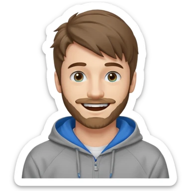 25 year old man, short scruffy beard and thin moustache, brown puffy mullet, blue eyes, big smile, white teeth, big lips, pronounced jaw, hair longer in back, sticking up on top, thin face, grey hooded sweatshirt, pale skin, big smile sticker