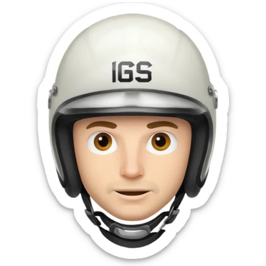 white male racer in helmet, crazy look sticker