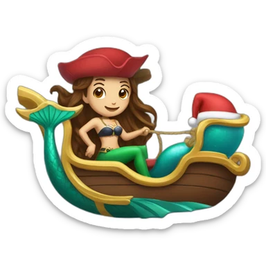 Brown haired mermaid and woman pirate in Santa’s sleigh sticker