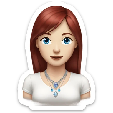 woman with pale skin, blue eyes and long dark red hair with layers and bangs, wearing a white top and silver jewellery sticker