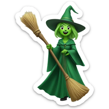 Green witch on broom stick singing  sticker