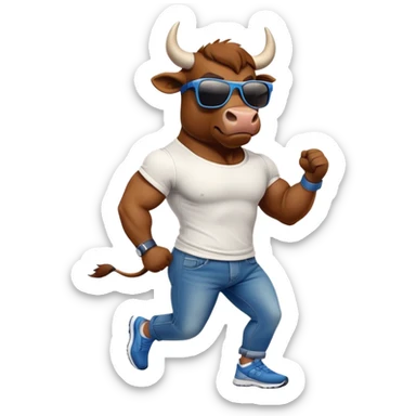 friendly anthropomorphised bull in jeans and a t-shirt, wearing dark sunglasses, jogging upright sticker