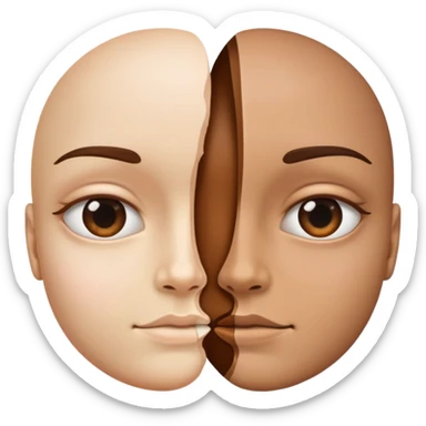 face split into two halves, one half realistic, other half art style sticker