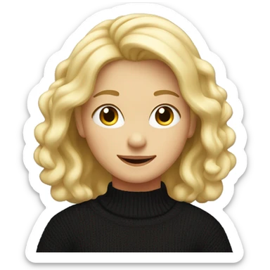 Blond girl with black sweater and happy face sticker