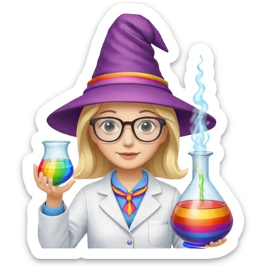 woman scientist with glasses, wearing wizard hat custome, with glass vase, rainbow sticker