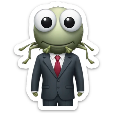 A fly with a human body and a fly head wearing a businessman's suit sticker