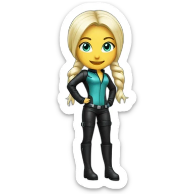 1 girl, leather suit, latex legwear, leather skirt, platinum blonde hair, ponytail, smirk, aqua eyes, leather boots sticker