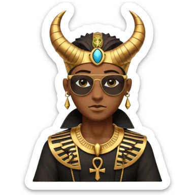 3D cartoon horned character portrait, wearing sunglasses, gothic ancient Egyptian style, pharaoh collar, dark gold and black outfit, ankh symbols, Egyptian jewelry, mysterious expression, soft dramatic lighting, centered, clean background, no text, no watermark sticker