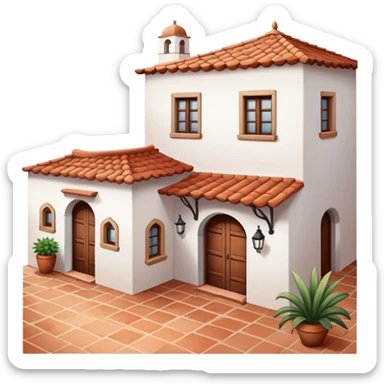 Traditional Spanish hacienda with white walls, terracotta roof, iron details, and small courtyard sticker