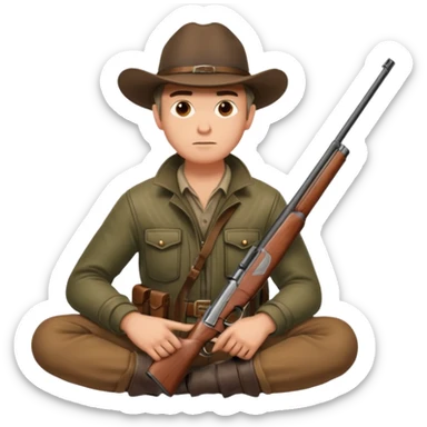 male hunter sitting with a shotgun across his lap, relaxed pose sticker