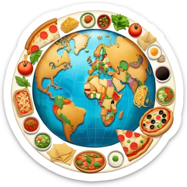 Icon for Gastronomic Tourism: a globe with various cuisines from around the world, such as pizza, sushi, tacos, and pasta, surrounded by food-related travel elements like a fork, knife, and map. Transparent background. sticker