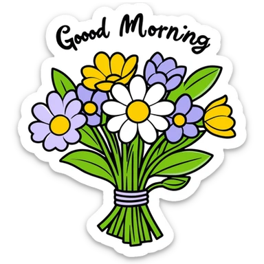 Spring flowers in beautiful garden with morning sun with inscription Good morning  sticker