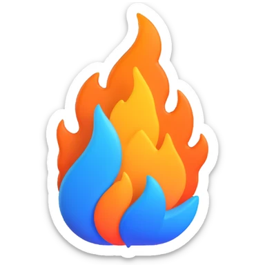 classic fire emoji, 3D style, blue to orange gradient, sharper flame tips, matching reference image, new shape variation sticker