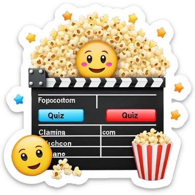 A colorful title slide for "The Emoji Movie Quiz" slideshow game with movie clapperboard, popcorn, and quiz elements arranged in presentation format sticker