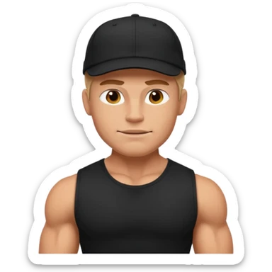 An arrogant guy in a black t-shirt, he is muscled and has a cap  sticker